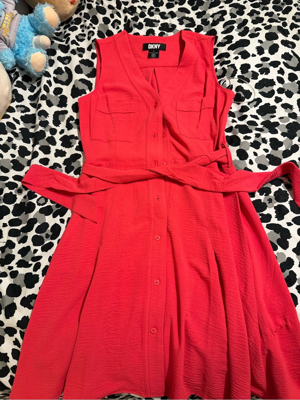DKNY Coral-Red Sleeveless Button-Front Midi Dress with Waist Tie